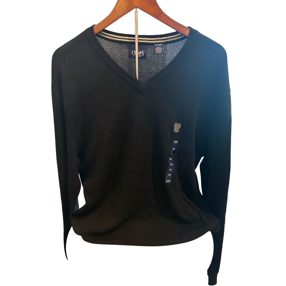 Chaps Mens‎ V Neck Sweater Black Classic Logo XL NWT